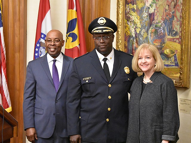 Newly appointed St. Louis police chief John Hayden, flanked by Director of Public Safety Jimmie Edwards and Mayor Lyda Krewson.