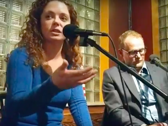 Annie Rice, left, debated Paul Fehler at the Royale on February 7.
