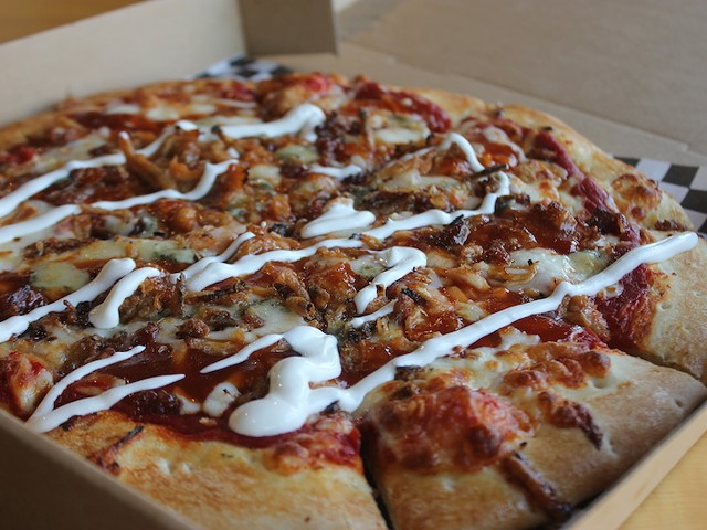 "The Swine": French onion, carnitas, BBQ sauce, bacon and blue cheese.