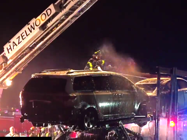 Watch Tens of Thousands of Dollars' Worth of Cars Burn on Back of a Trailer on I-270