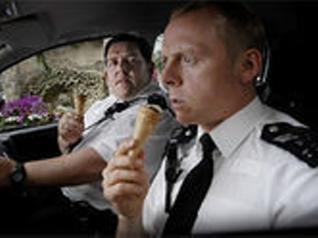 Two cops. Four guns. Zero wounded. Simon Pegg and Nick Frost in Hot Fuzz. 