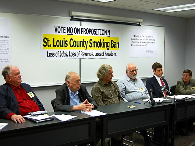 Smoke &#146;em if you&#146;ve got &#146;em: Rev. Harold Hendrick, Fred Teutenberg, Scott Simon, Jon Rand, Bill Hannegan and Gerard Ezvan hope to stub out St. Louis&#146; proposed smoking ban.