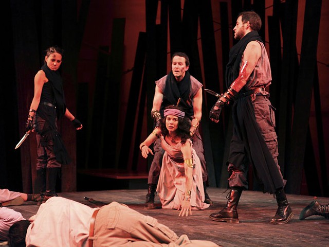 Shanara Gabrielle, David Graham Jones and Michael Keyloun as Murderers and Nancy Bell as Lady Macduff in Macbeth.