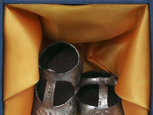 Christa Denney, Silver Shoes, 2011. Digital image on canvas with oil, found frame, 28 inches by 28 inches.