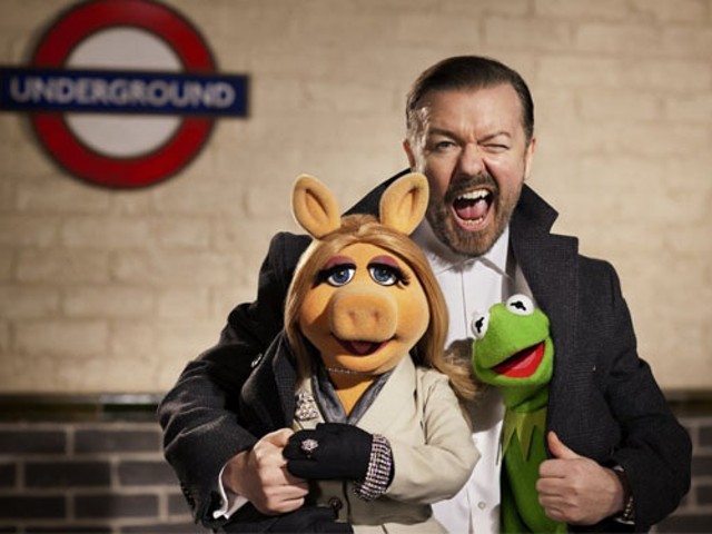 Ricky Gervais in Muppets Most Wanted.