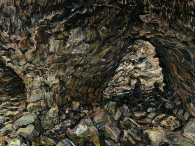 Cindy Tower, Indian Cave (diptych), 2010. Oil on canvas, 18 by 48 inches.