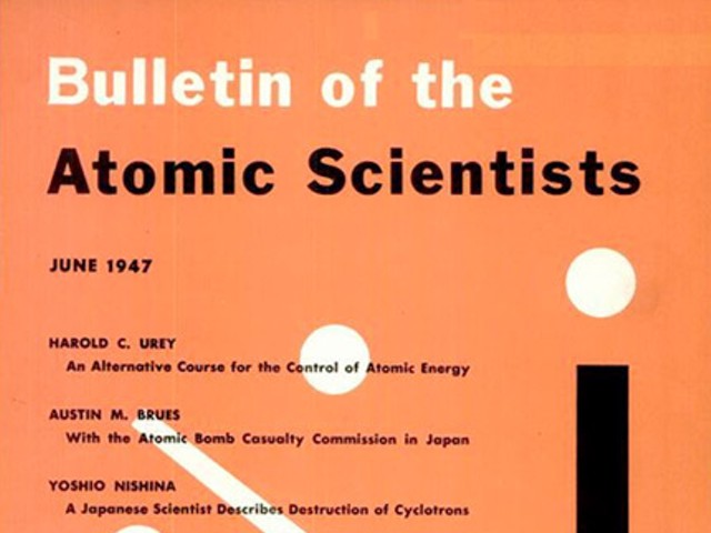 The first appearance of the Doomsday Clock on the June 1947 cover of Bulletin of the Atomic Scientists.