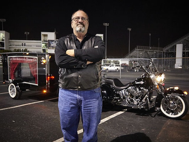 Mike Sutherland in front of his Harley hearse at Monster Mass at Gateway Motorsports Park.