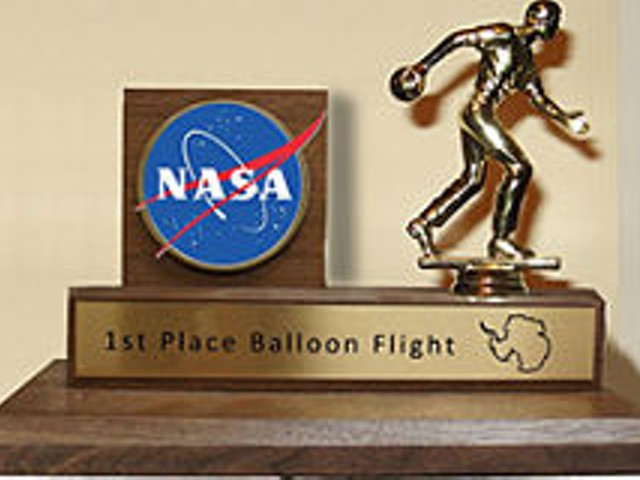 Even though it comes from NASA, this balloon flight trophy looks suspiciously repurposed.