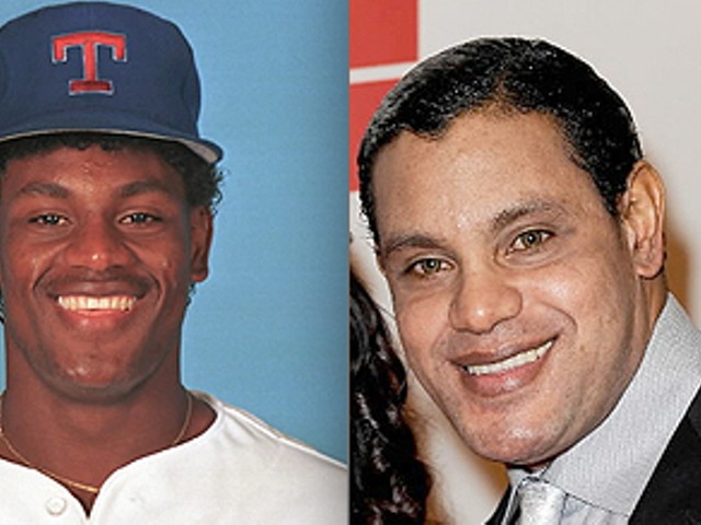 Sosa as a young shortstop for the Texas Rangers, left, and unholy creature of the night, right.