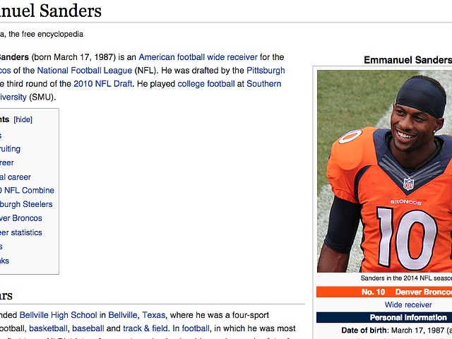 Emmanuel Sanders was declared dead on his Wikipedia page.