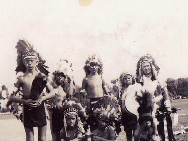 Thomas Airis (far right), grandfather of Kevin Airis, and his dancing troupe. All are wearing some of the now-missing artifacts.