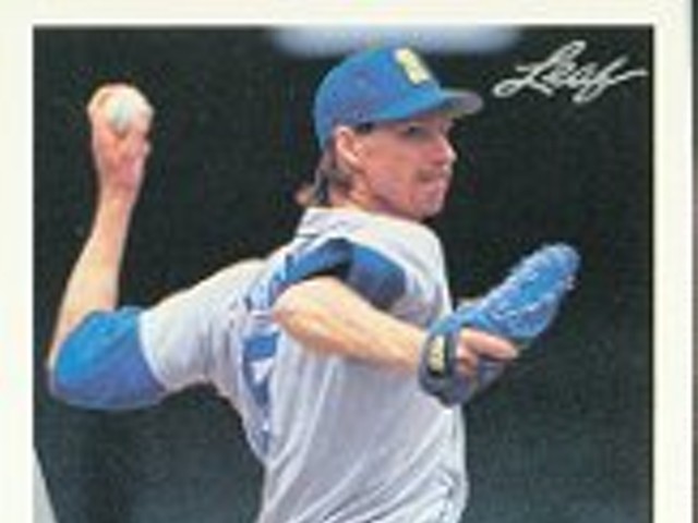 1990 Randy Johnson card by Leaf, from back when he was known for throwing balls to the backstop on a regular basis.&nbsp;