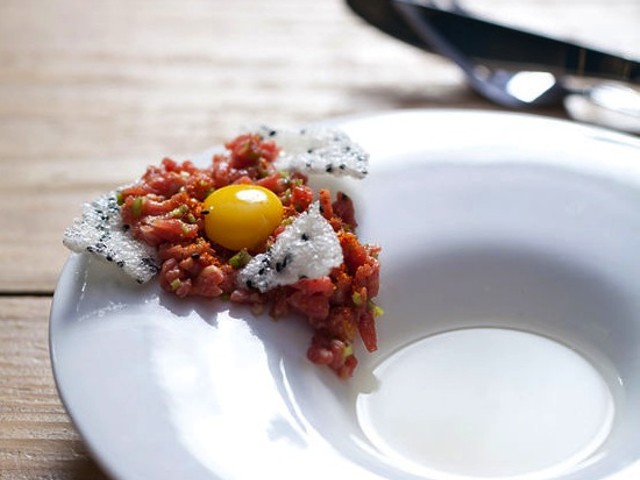Steak tartare with daikon-radish consomm&eacute;, from an earlier tasting menu at Little Country Gentleman