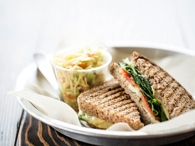 Grilled veggie sandwich with grilled zucchini, red pepper, caramelized onion, spinach and cheese. | Jennifer Silverberg