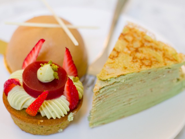 Clockwise from bottom left: The "Ooh La La" ($4.50) strawberry-pistachio tart, a "Bananas Foster Bombe" ($5) and a "Mille Crepe" ($4.25) flavored with white chocolate and Matcha.