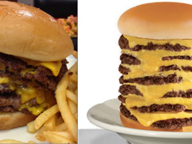The Steak 'n Shake 7x7 Steakburger that Gut Check ordered (left) and the burger featured on the restaurant's Late-Night Menu