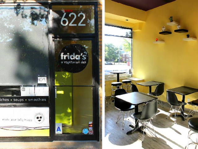 The exterior and interior (cozy -- for now) of Frida's Deli in University City.