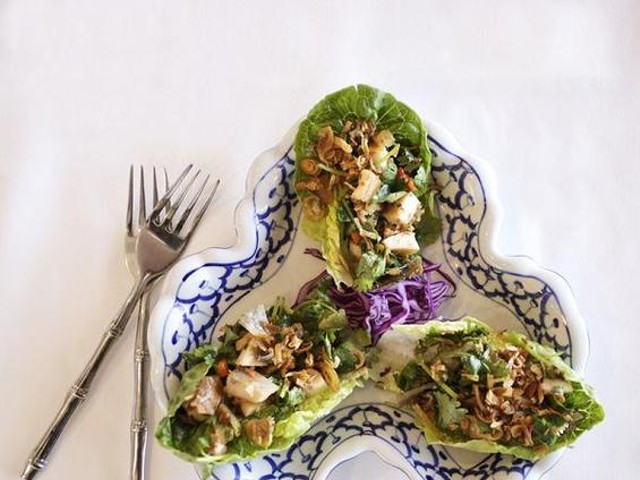 Miang of Smoked Trout is a "small snack" of flakes of smoked trout, cilanro, shallots and Southeast Asian herbs mixed with a Thai chutney on Bibb leaf lettuce.