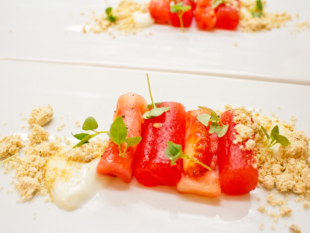 Heirloom tomato and compressed watermelon salad