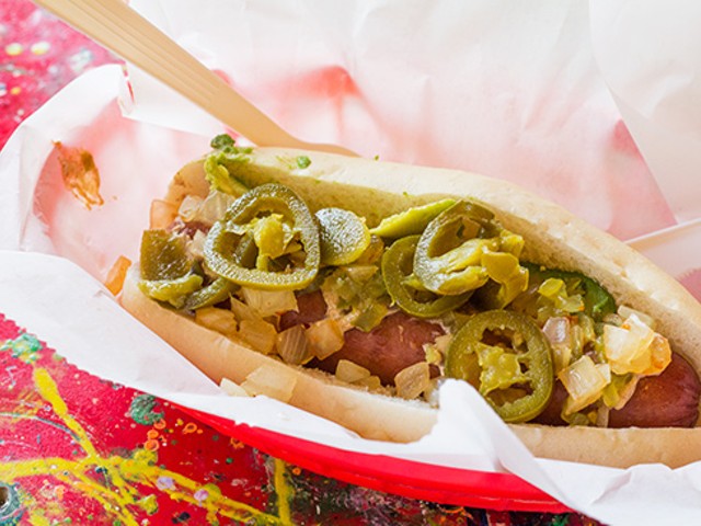 The "Aye Chihuahua" with a quarter-pound chorizo, cilantro, chipotle onions, relish, spicy brown mustard, jalapeno and avocado.