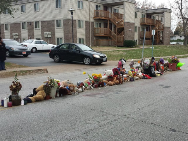 The weather-worn memorial on Canfield Drive, November 11, 2014.