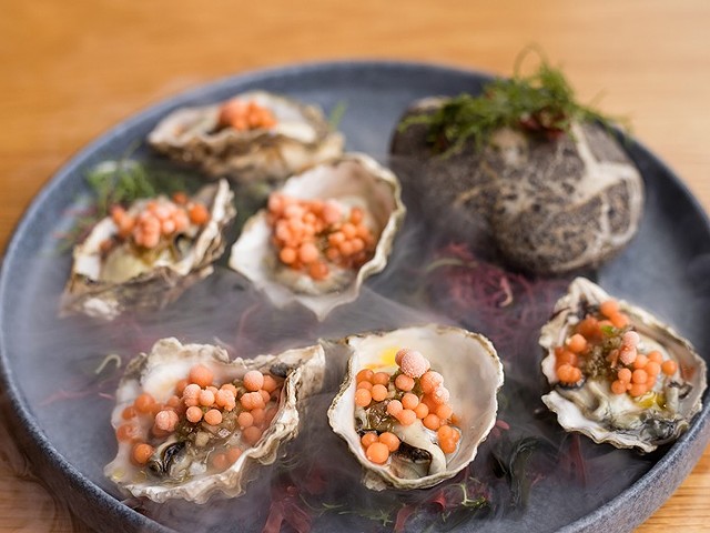 ”Oysters and Pearls,” served in a swirl of liquid nitrogen, are Yellowbelly’s most awe-inspiring dish.
