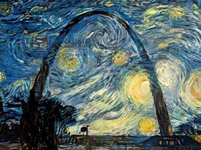 The Gateway Arch, stylized via Van Gogh's "Starry Night."