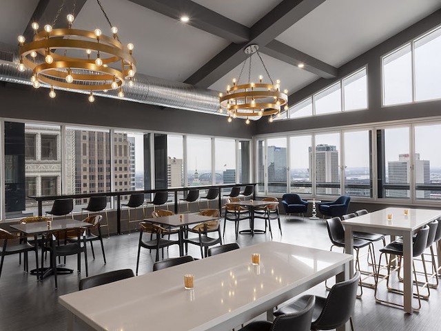 Form Skybar soars sixteen floors above downtown St. Louis in the Hotel Saint Louis.