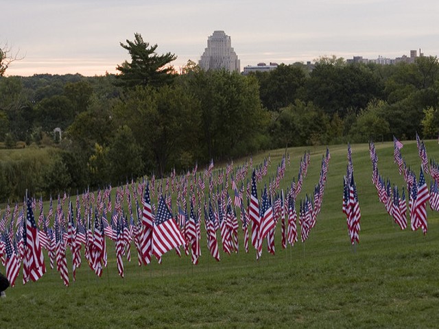 Flags on Art Hill honoring the 10th anniversary of the September 11 attacks, in 2011.