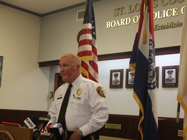 St. Louis County Police Chief Jon Belmar tells reporters on Friday about an officer who was shot.