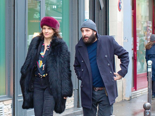 Juliette Binoche as "Selena" and Vincent Macaigne as "Léonard Spiegel" in Olivier Assayas's Non-Fiction.