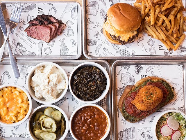 The goods from The Midwestern Meat & Drink: pastrami, double cheeseburger, fried burrata toast and a selection of sides.