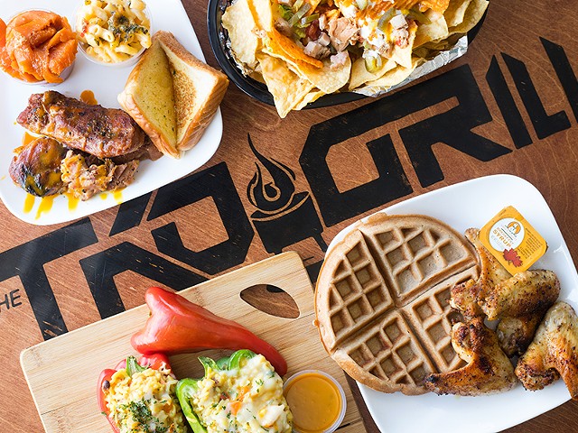 A selection of items from TKO Grill (pictured from top left to right): "On The Ropes" turkey ribs combo, "Uppercut" nachos, stuffed peppers and "Pluck 'N' Waffles," a chicken and waffles combo.