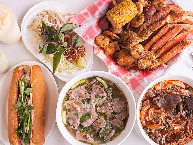 A selection of items from Joyful House, pictured from left to right, top to bottom: avocado smoothie, durian smoothie, a side of fresh herbs and bean sprouts to accent bowls of pho, seafood boil, bánh mì đặc biệt, phở tái bò viên and bún bò huế.