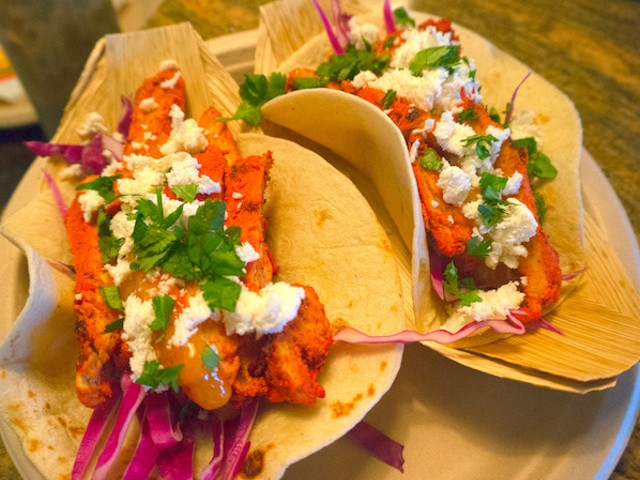 The chicken tandoori tacos offered by Taco Buddha's catering operation.