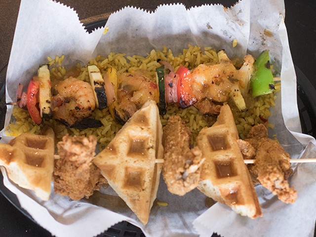 The "Chicken and Waffle" kabob, accompanied by a shrimp and veggie version.
