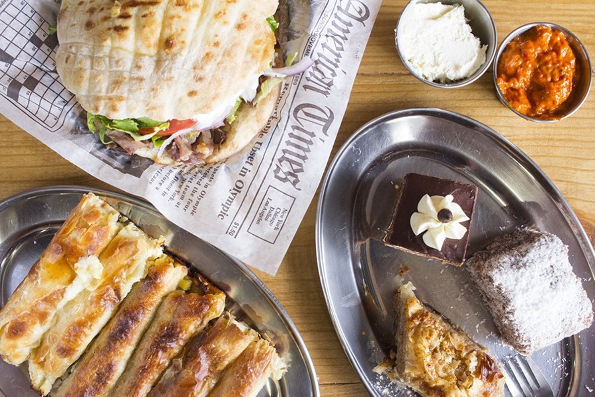 J's Pitaria boasts (clockwise from left) doner kebabs, house-made desserts and a variety of pitas, sold by the pound.