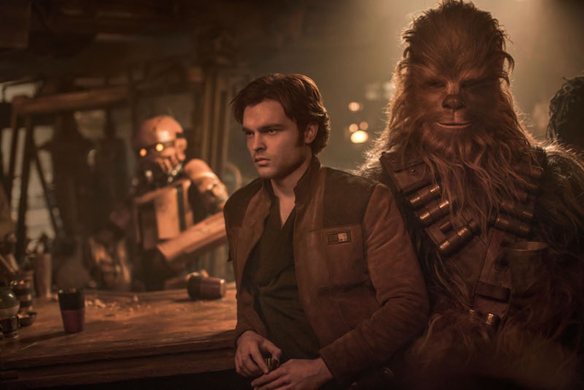 Han and Chewie (Alden Ehrenreich and Joonas Suotamo) hang out at a bar.