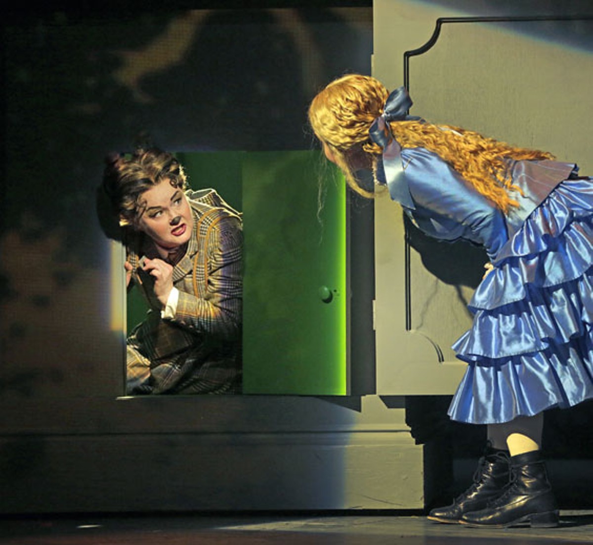 Tracy Dahl as the Cheshire Cat and Ashley Emerson as Alice in Opera Theatre of Saint Louis's 2012 production of Alice in Wonderland.