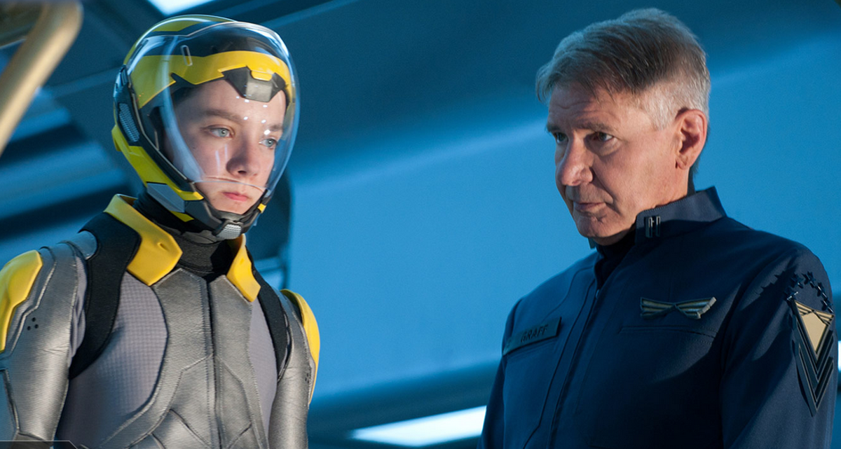 Asa Butterfield and Harrison Ford in Ender's Game, where the ridiculousness outweighs its few strong qualities.