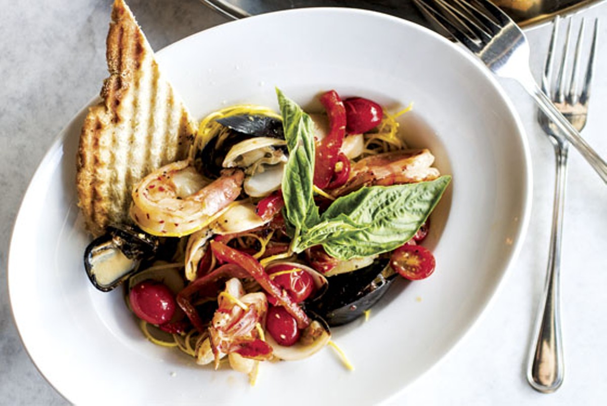 The "Chitarrina Allo Scoglio" brings shrimp, fish fillet, diver scallops and razor clams, tossed with housemade spaghetti and served with a San Marzano tomato sauce and basil.
