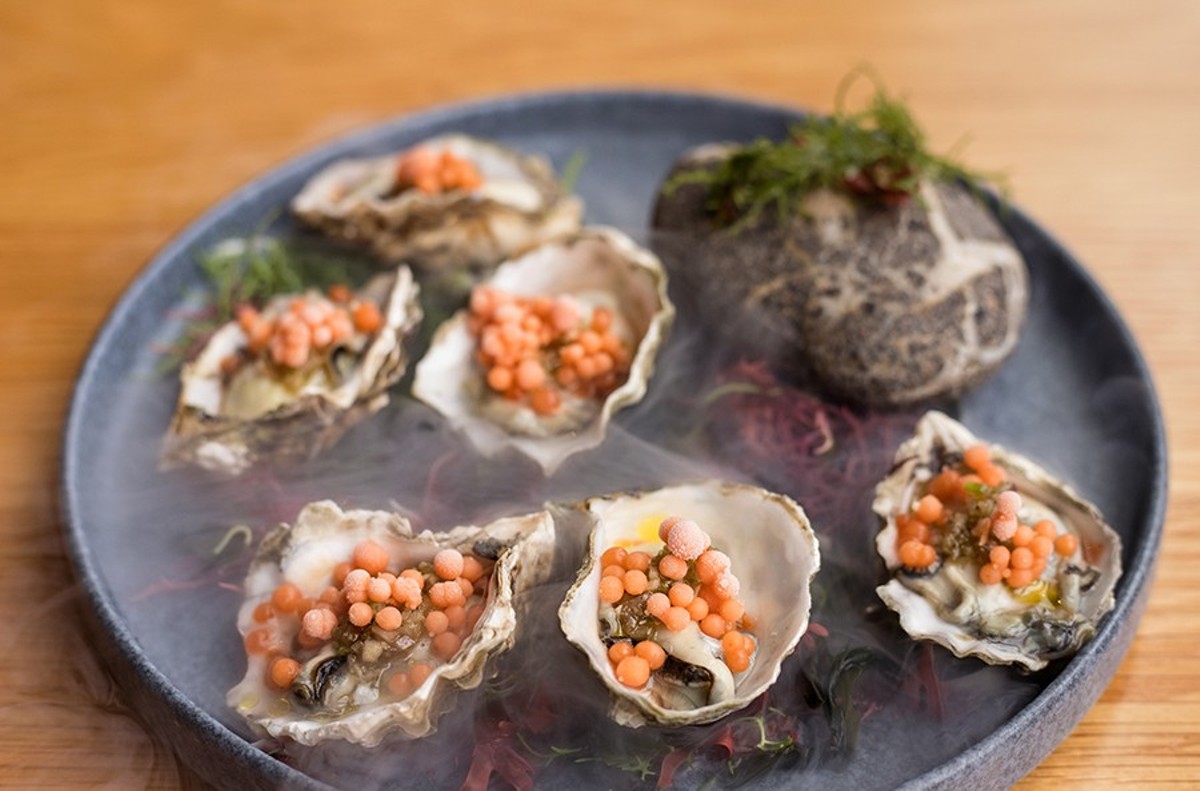 ”Oysters and Pearls,” served in a swirl of liquid nitrogen, are Yellowbelly’s most awe-inspiring dish.