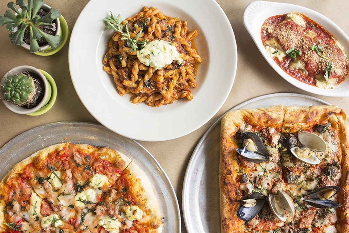 Peno’s gemelli ragu, eggplant involtini, “Giuseppe” pizza and seafood pizza.