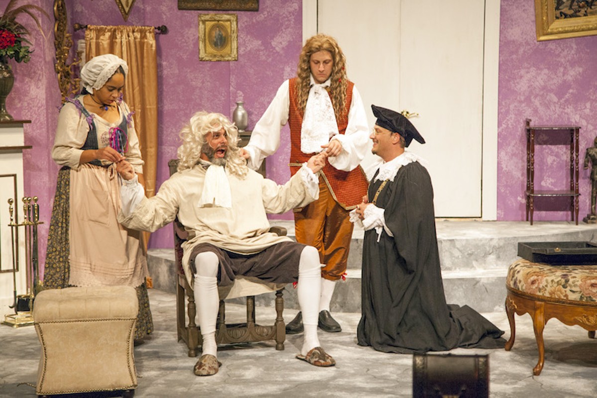 Crispin (Isaiah DiLorenzo, seated) will do anything to marry his Lisette (Britteny Henry, far left) -- even wear this wig.
