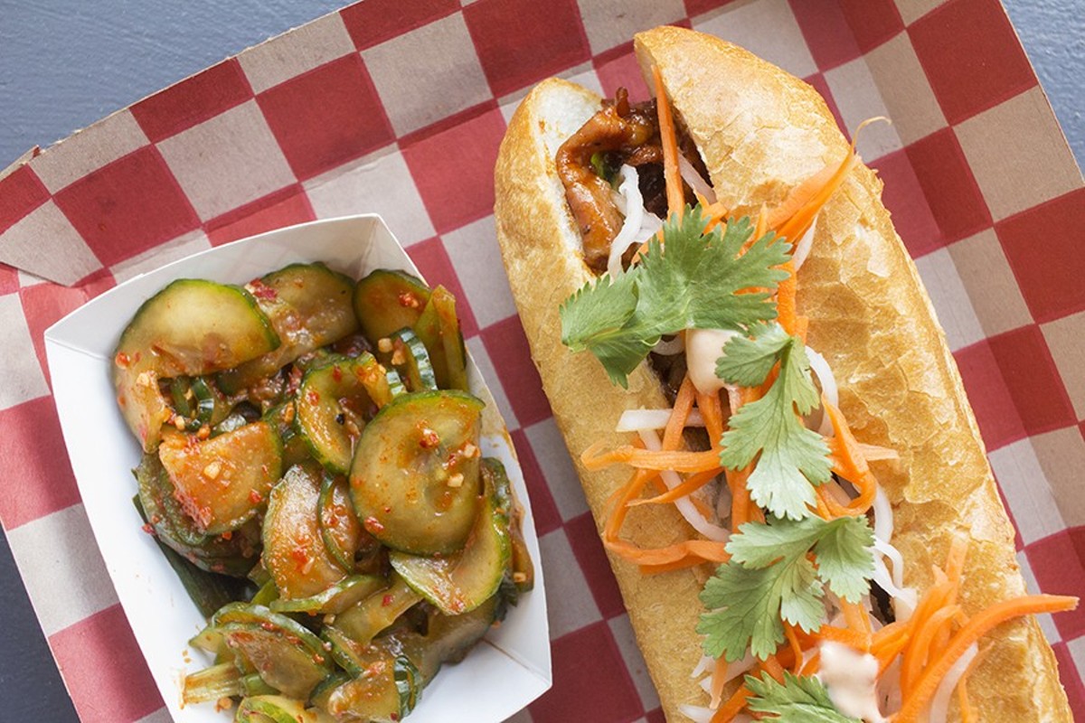 Kimchi cucumbers and a pork bánh mì are among the highlights at Kalbi Taco Shack.