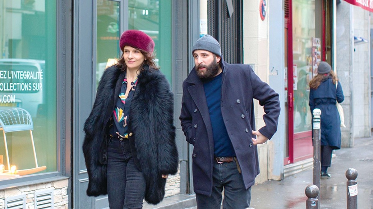 Juliette Binoche as "Selena" and Vincent Macaigne as "Léonard Spiegel" in Olivier Assayas's Non-Fiction.