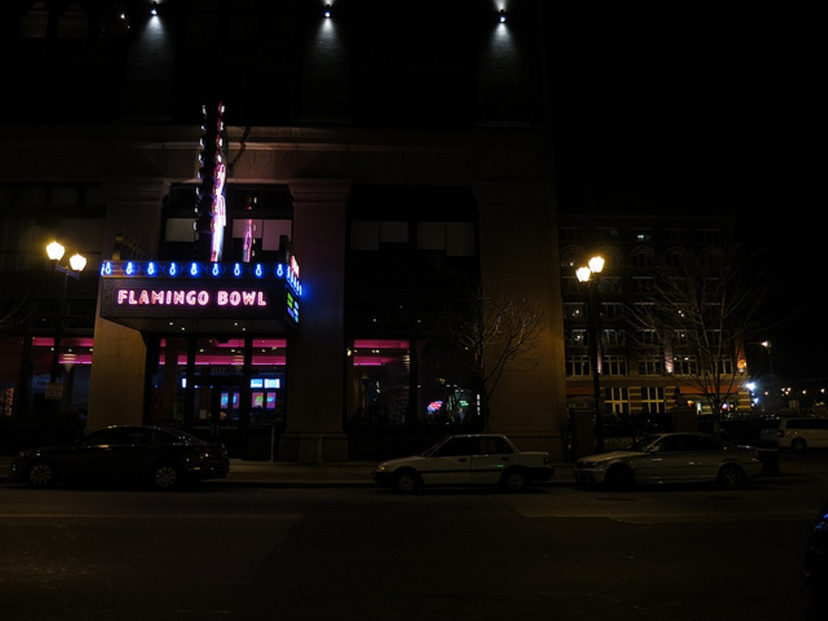 When darkness falls, head downtown to Flamingo Bowl.