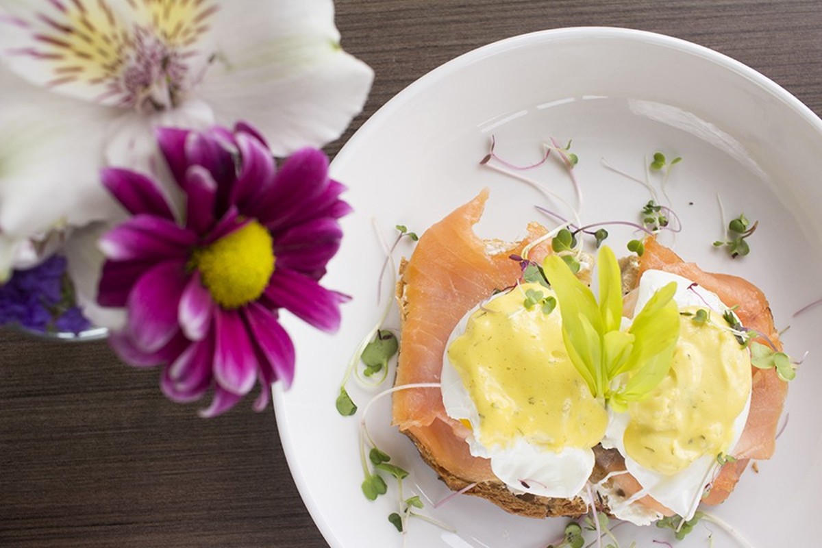 The "L.E.O." is a twist on an eggs benedict with smoked salmon, caramelized onions, goat cheese, dill hollandaise and capers on rye toast.