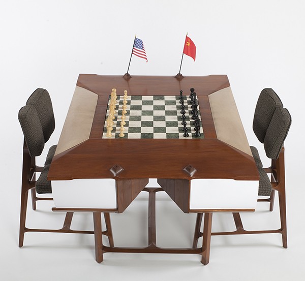 Chess Table from the 1966 Havana, Cuba, Chess Olympiad. 1966. Wood, leather, fabric, and marble. Collection of the U.S. Chess Trust.